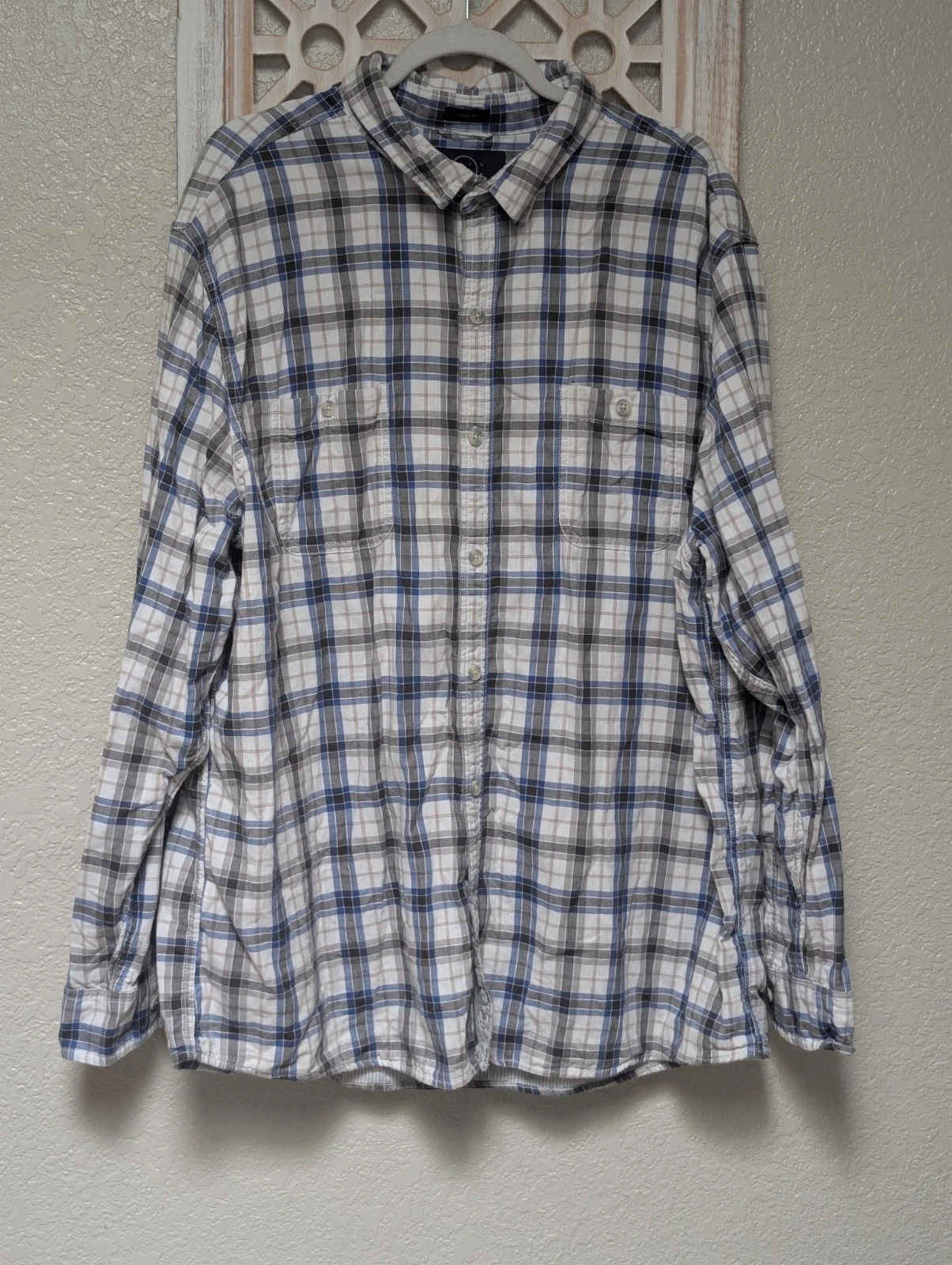 Even Tide men's XXL blue grey plaid shirt double lined button up casual outdoors