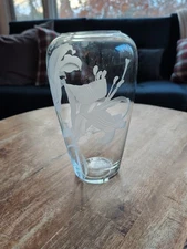 Perry Coyle Signed Art Glass Vase 10" Etched Frosted Lily Floral Vintage Crystal