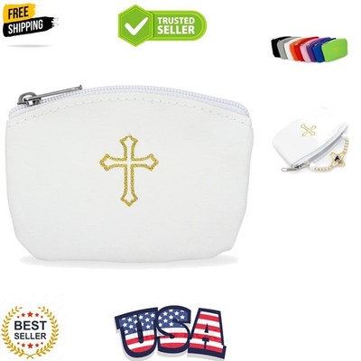 White Rosary Case with Zipper and Gold Cross Imprint for Men and Women - Genu...