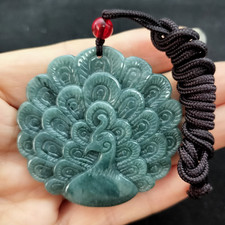 Certified Blue Green Natural Type A  Jade Jadeite Carved Peacock 孔雀开屏 Pendant