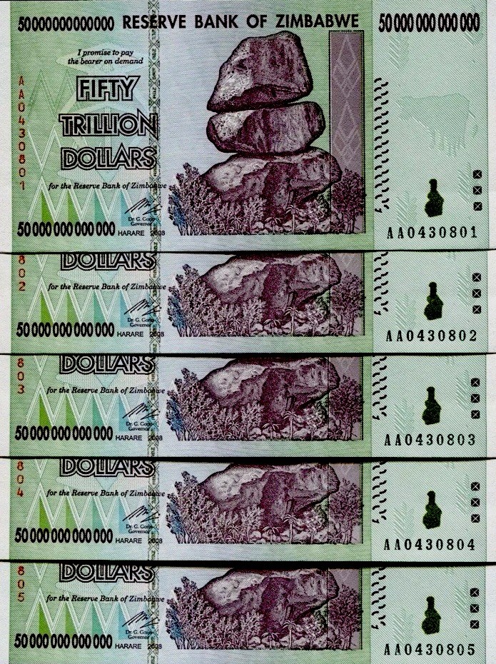20 CONSECUTIVE 2008 50 TRILLION DOLLARS ZIMBABWE, AA P-90 UNC