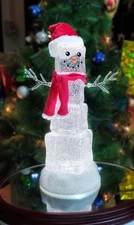 Acrylic Ice Cube Snowman 13.5”H LED Lighted Spinning Glitter Water Decoration 