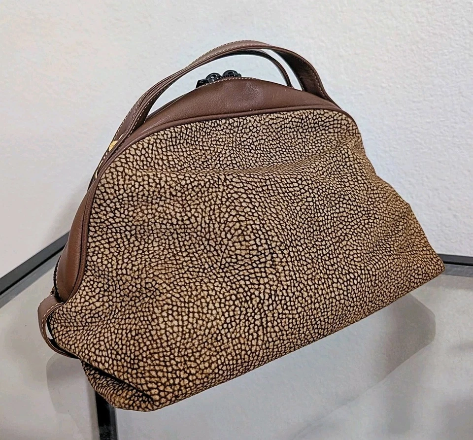 Vintage Borbonese Redwall Brown Tan Suede Leather Double Top Handle Bag Italy - Image 3 of 4