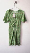 Mango Women's Green Floral Mini Crinkled Dress. V-neck Puff Sleeves Small  NWT