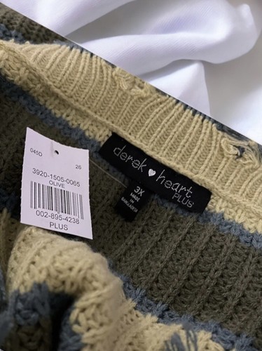 Striped Sweater Green Long Sleeve V-Neck Ribbed Knit Distressed Size 3X - Picture 4 of 6