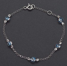 14K White Solid Gold 6" Blue Color Evil Eye Children's Bracelet