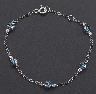  14K White Solid Gold 6''  Blue Color Evil Eye Children's  Bracelet 