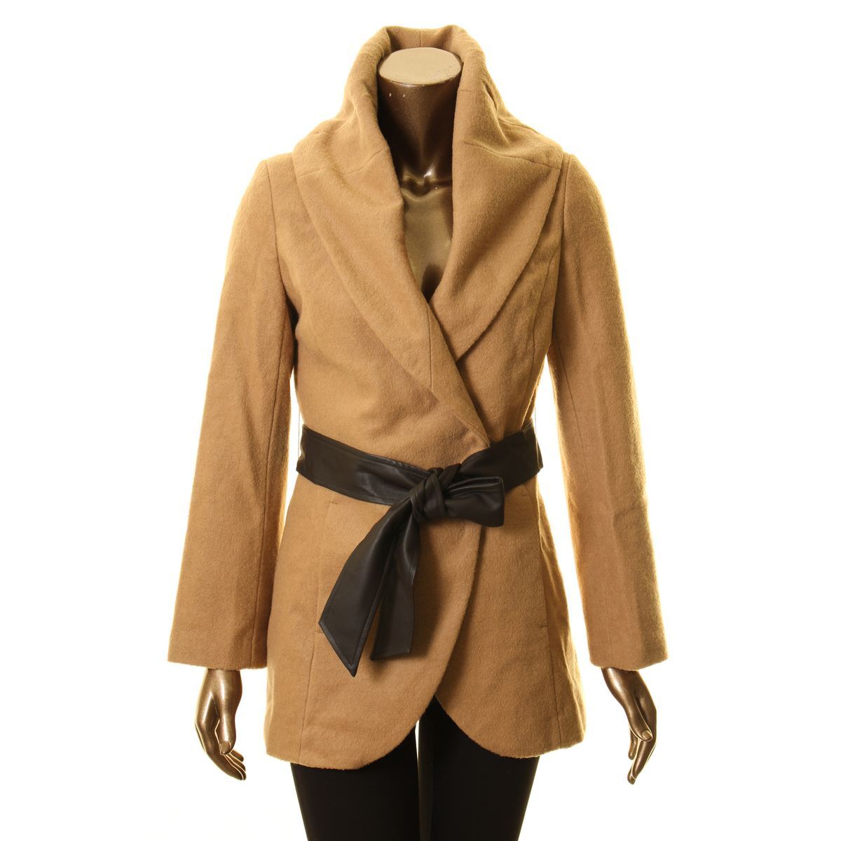 IMAN NEW Women's Brown Wool Blend Belted Peacoat Jacket Top XS
