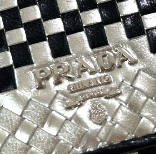 PRADA Braided Leather Madras Long Wallet Silver/Black - Picture 3 of 22