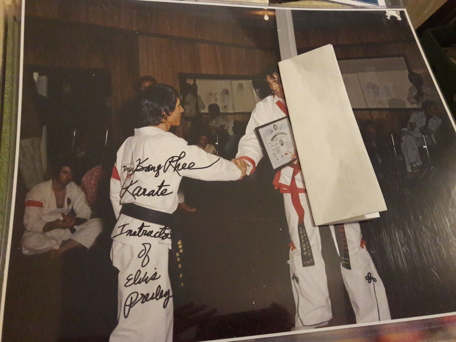 Elvis Presley Autographed Signed Receiving Taequando Award Master Kang Rhee 16X20 Photo JSA 