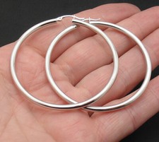 3mm X 55mm 2 1/4" Large Plain Polished Shiny Hoop Earrings REAL 14K White Gold