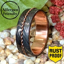 Damascus Steel Custom Handmade Mens Engagement Ring Wedding Band Copper Inlay
