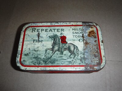repeater tobacco tin ANTIQUE REPEATER SMOKING TOBACCO TIN LITHO POCKET CAN CANADIAN MOUNTIE ON  HORSE