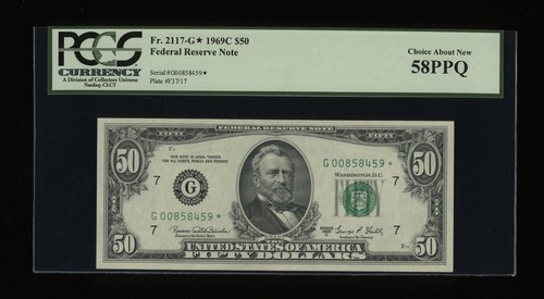 DBR 1969-C $50 FRN Chicago STAR Fr. 2117-G* PCGS 58 PPQ Serial G00858459* - Picture 1 of 2