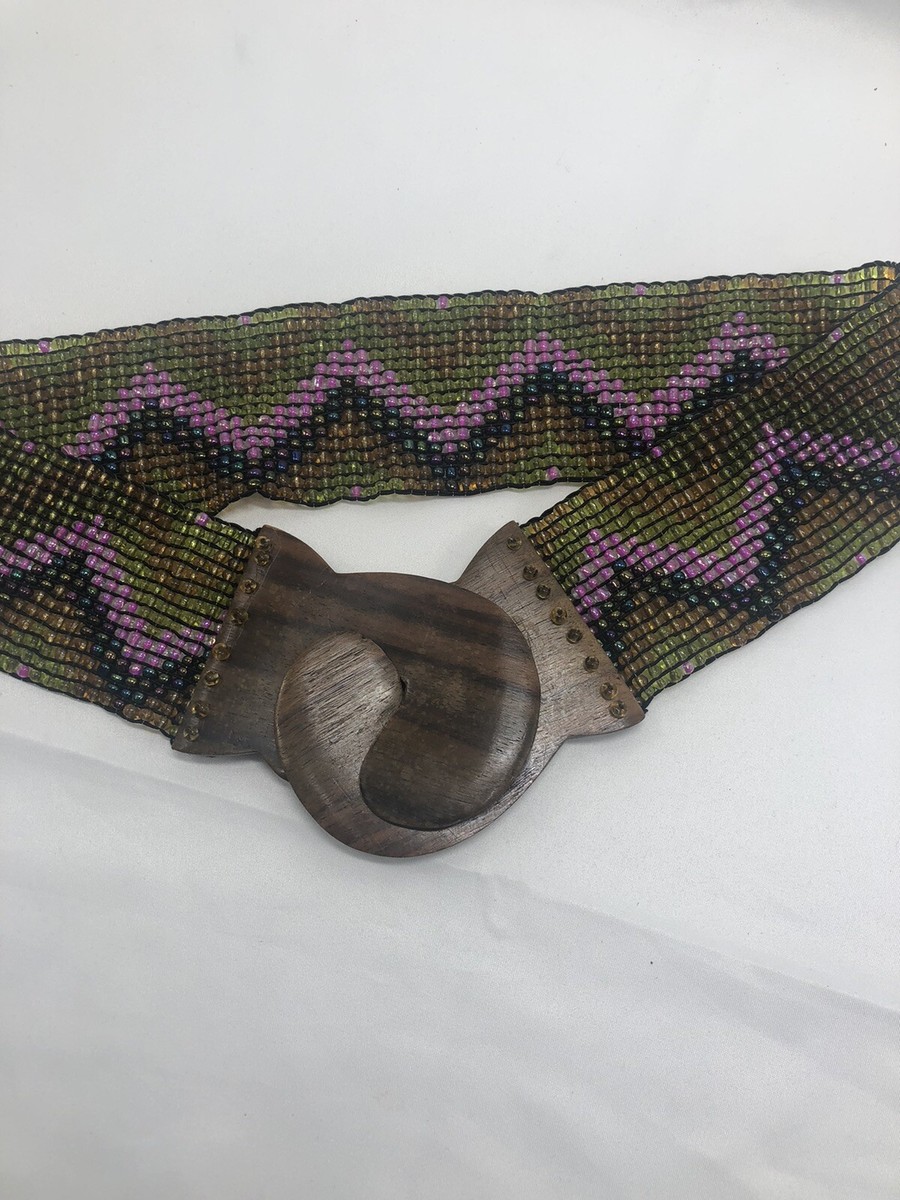Vintage Boho Beaded Belt Wooden Buckle Wide Tribal Southwestern Stretch One Size Vintage Boho Beaded Belt Wooden Buckle Wide Tribal  main image 2