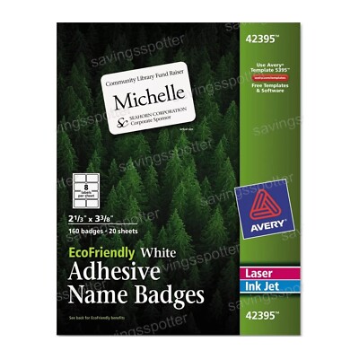 Avery Ecofriendly White Adhesive Name Badges 2-1/3 x 3-3/8 160Pk Eco Green 42395