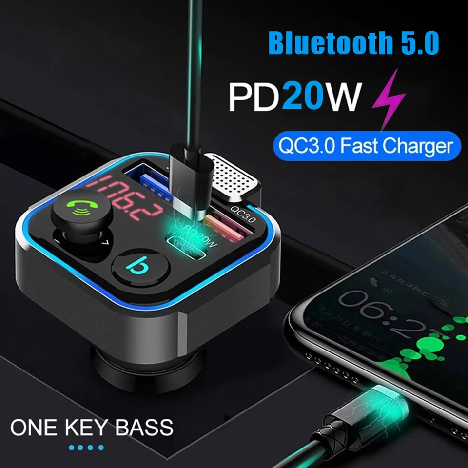 Car Wireless Bluetooth 5.0 FM Transmitter QC3.0 PD20W Charger Adapter Hands Free - Image 2 of 4