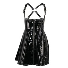 Women Punk Strappy Skirt Faux Leather Wet Look Zipper Dress PU Clubwear