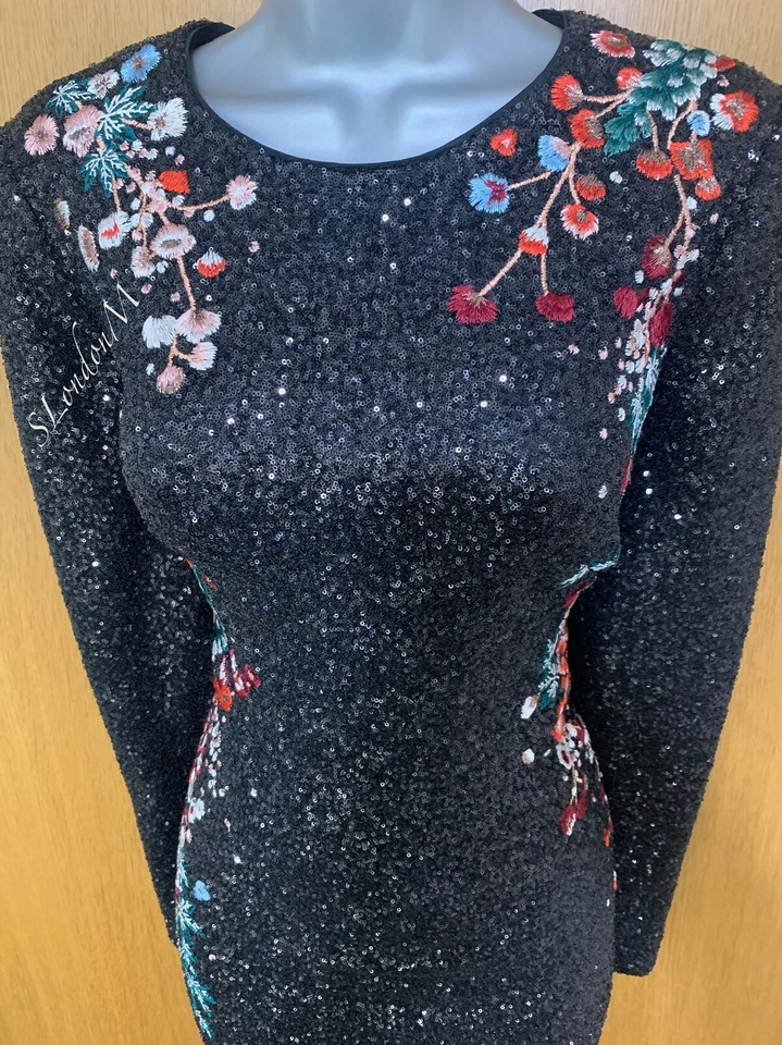 Karen Millen Glamorous Pailletten Japanisch Blumen Bestickt Party Minikleid UK10 - Bild 2 von 4