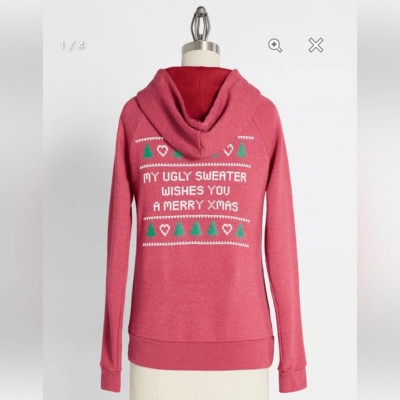 Next Level Apparel Love My Ugly Christmas Sweater Zip-Up Hoodie Sweatahirt Red L