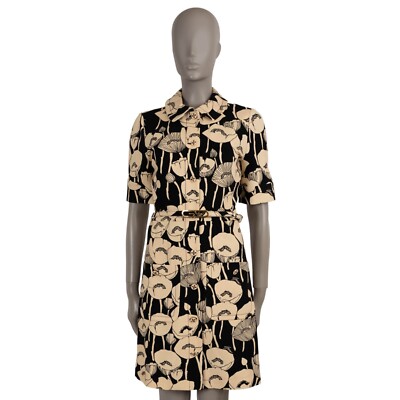 72082 auth GUCCI black beige 2021 POPPY FLORAL JERSEY Dress S