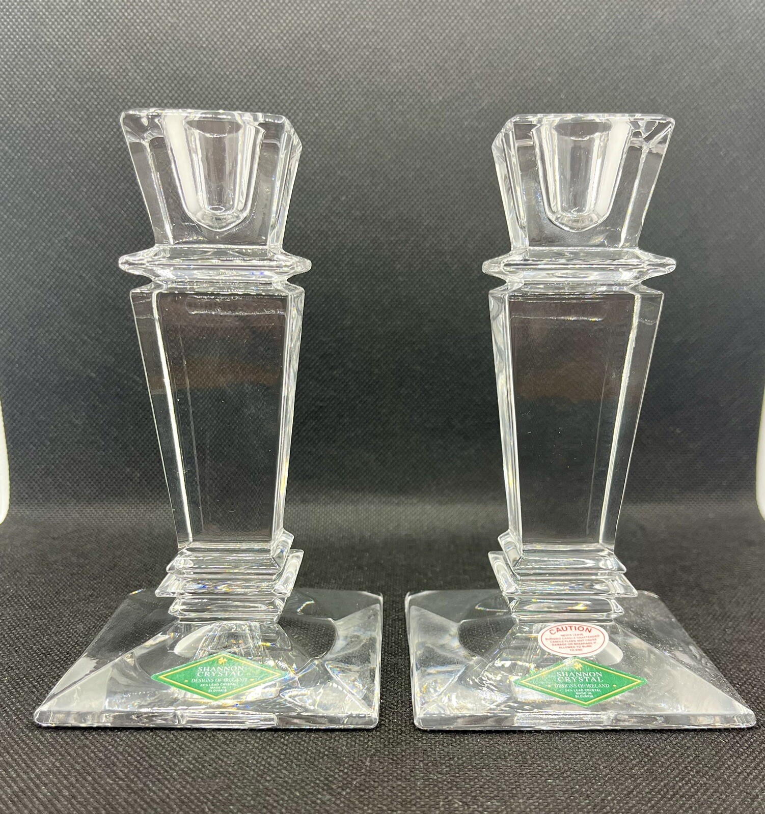 Shannon By Godinger Lead Crystal Empire 6” Candlesticks Pair of 2 In Original Box, vintage candle holder