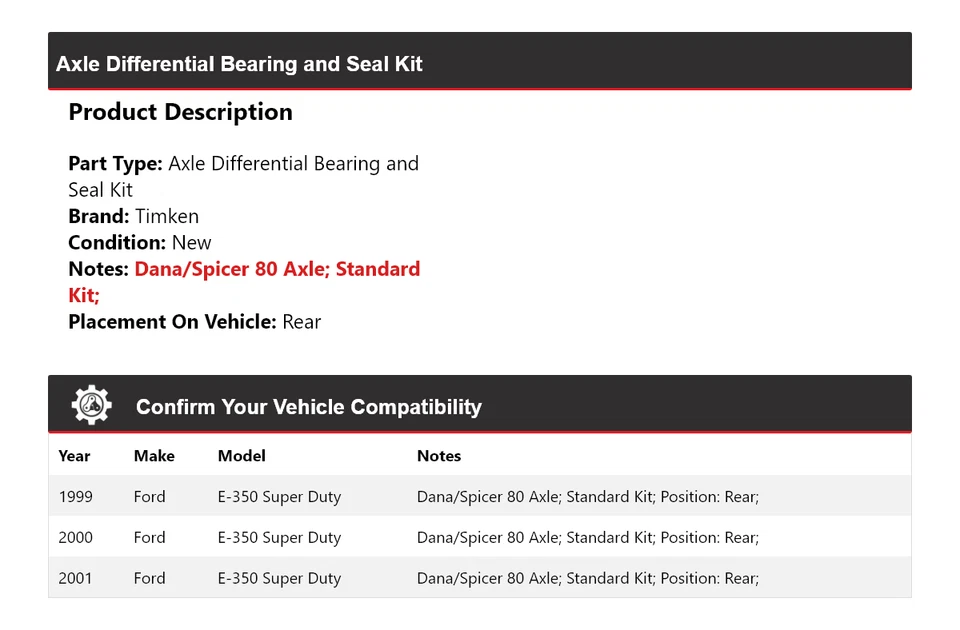 Kit de sello de cojinete diferencial de eje trasero Ti para 99-01 Ford E-350 Super Duty Foto 2 de 3