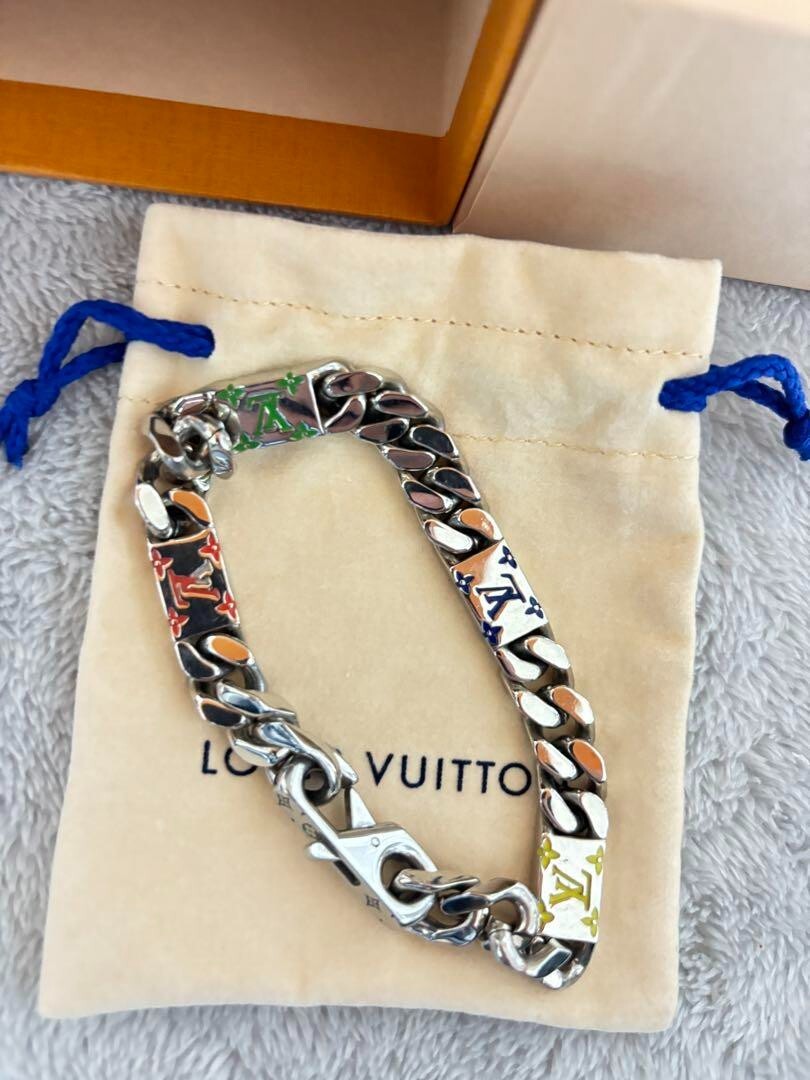 Louis Vuitton M1409L Silver Multicolor LV Chain Bracelet 22cm Mens