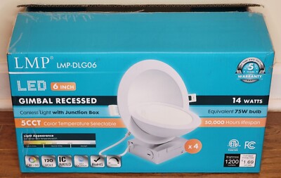 LMP Gimbal Recessed Ceiling Light LED 6 Inch 5CCT Selectable 4 Pack 1200LM 14W
