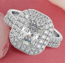 925 Silver Ladies 2 piece Emerald Cut Double Halo Wedding Engagement Ring Set 