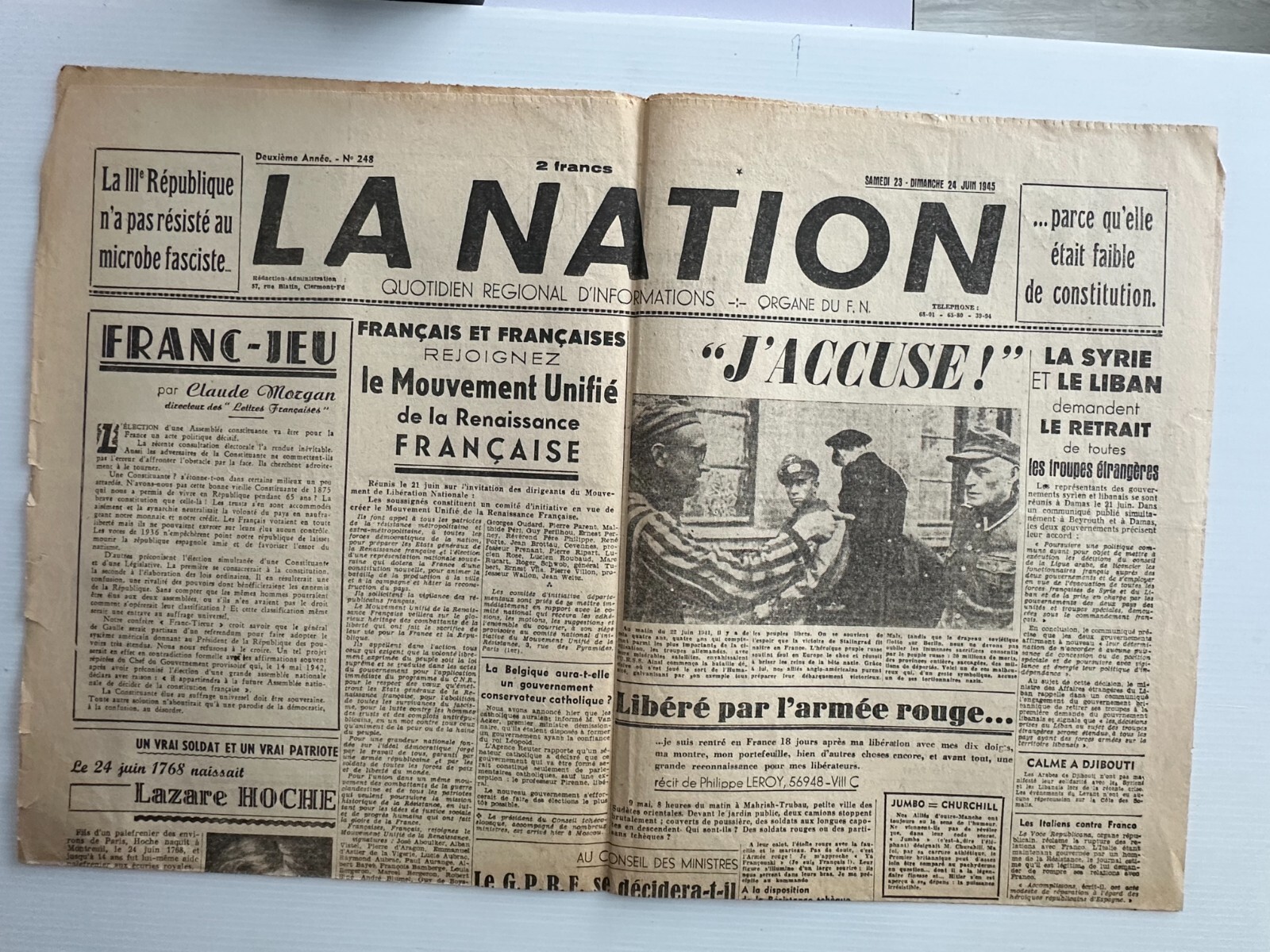 Journal La Nation 23 June 1945 "Syria And Lebanon Request The ...