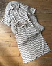 H&M Linen Blend Midi Linen Dress In Cream Stripe Belted Size XS BNWT