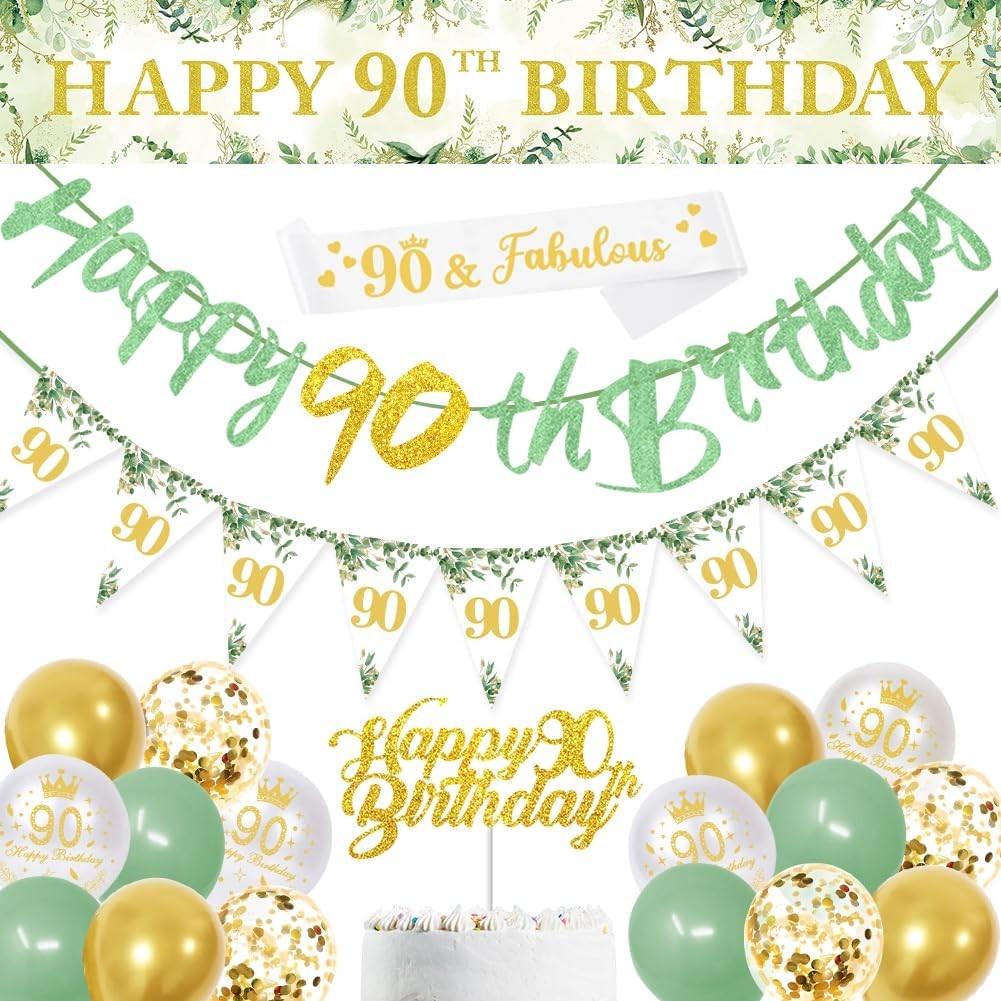 Sage Green 90th Birthday Party Decorations - Happy Banner, Triangle Flag, and C