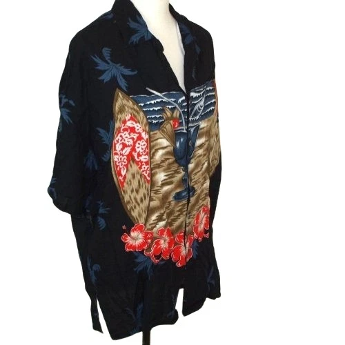 Basix Hawaiian Shirt Men’s Large – Black Floral Print – Short Sleeve 100% Rayon - Image 4 of 4