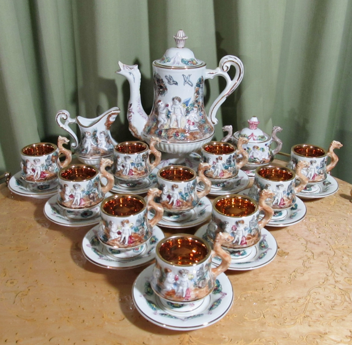 Vintage Capodimonte Italy Demitasse Espresso Coffee Set Cherubs