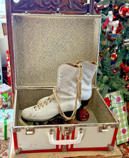Vintage Mid Century Women's White Leather Roller Skates in Metal Travel Case