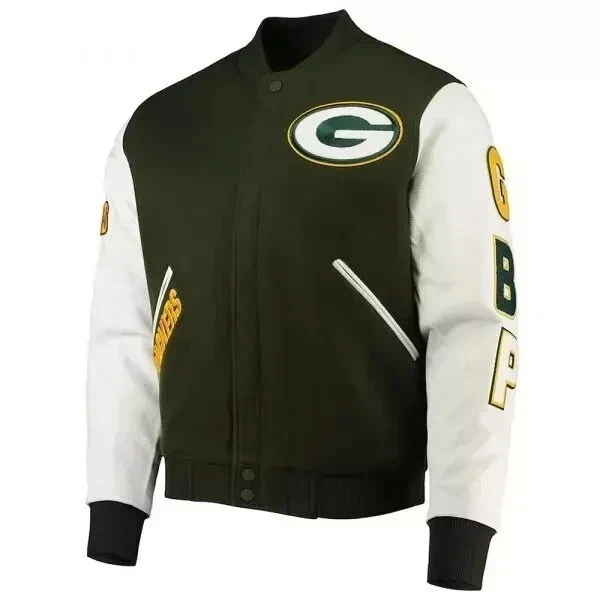 Packers Varsity Jacket – Olive / White Wool & Leather Bomber Style Coat