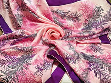 Vintage 1960 100 Silk Scarf Pink Purple Grey Feather Design. MCM 34sq In. 75 Cm