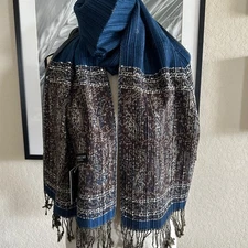 NEW Pashmina Scarf Pleated Rectangle Paisley Fringe 70" x 13" Blue Brown