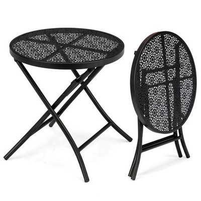 18 inch Side Table Folding Outdoor with Flower Cutouts Round Coffee Table Black