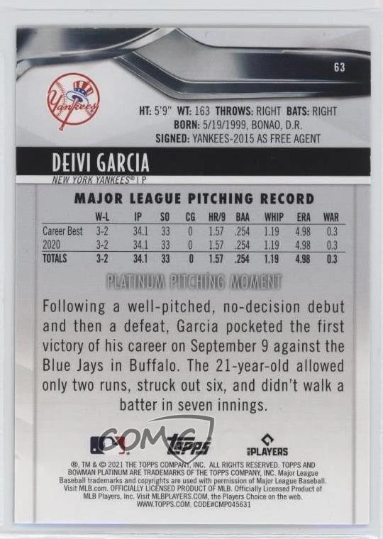 2021 Bowman Platinum Orange /25 Deivi Garcia #63 Rookie RC - Image 2 of 2