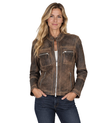 Schott NYC Brown Distressed Real Leather Zip Jacket Womens Sz S Buckle Collar