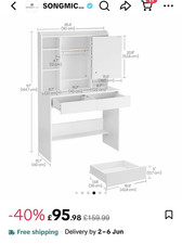 VASAGLE White Dressing Table with Mirror, LED Light, 2 Drawers, 90x40x144.7cm