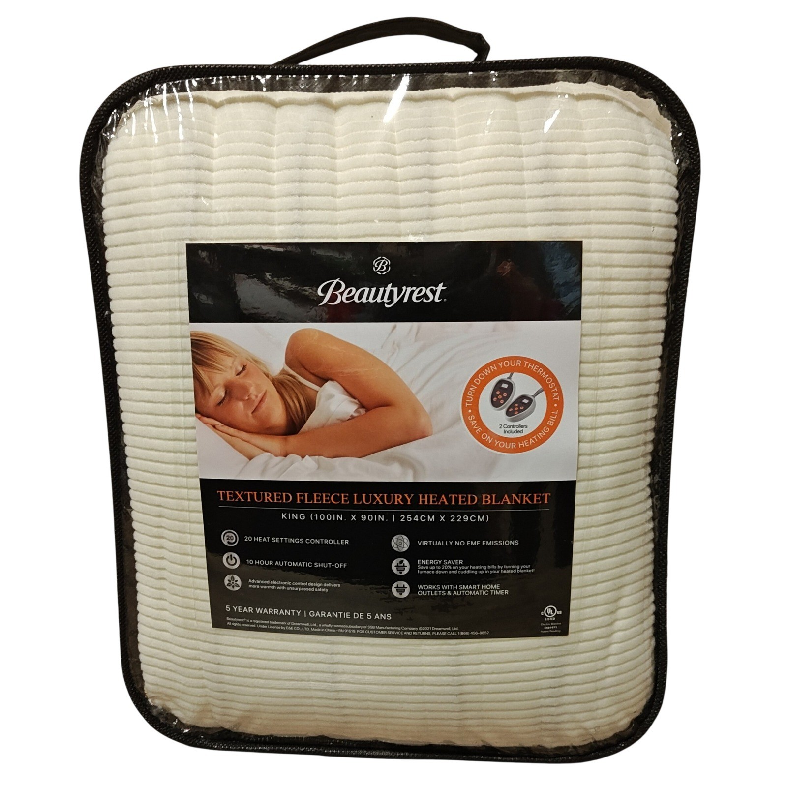 Beautyrest King Textured Fleece Luxury Heated Blanket Ivory BR54-0178 Dual Contr