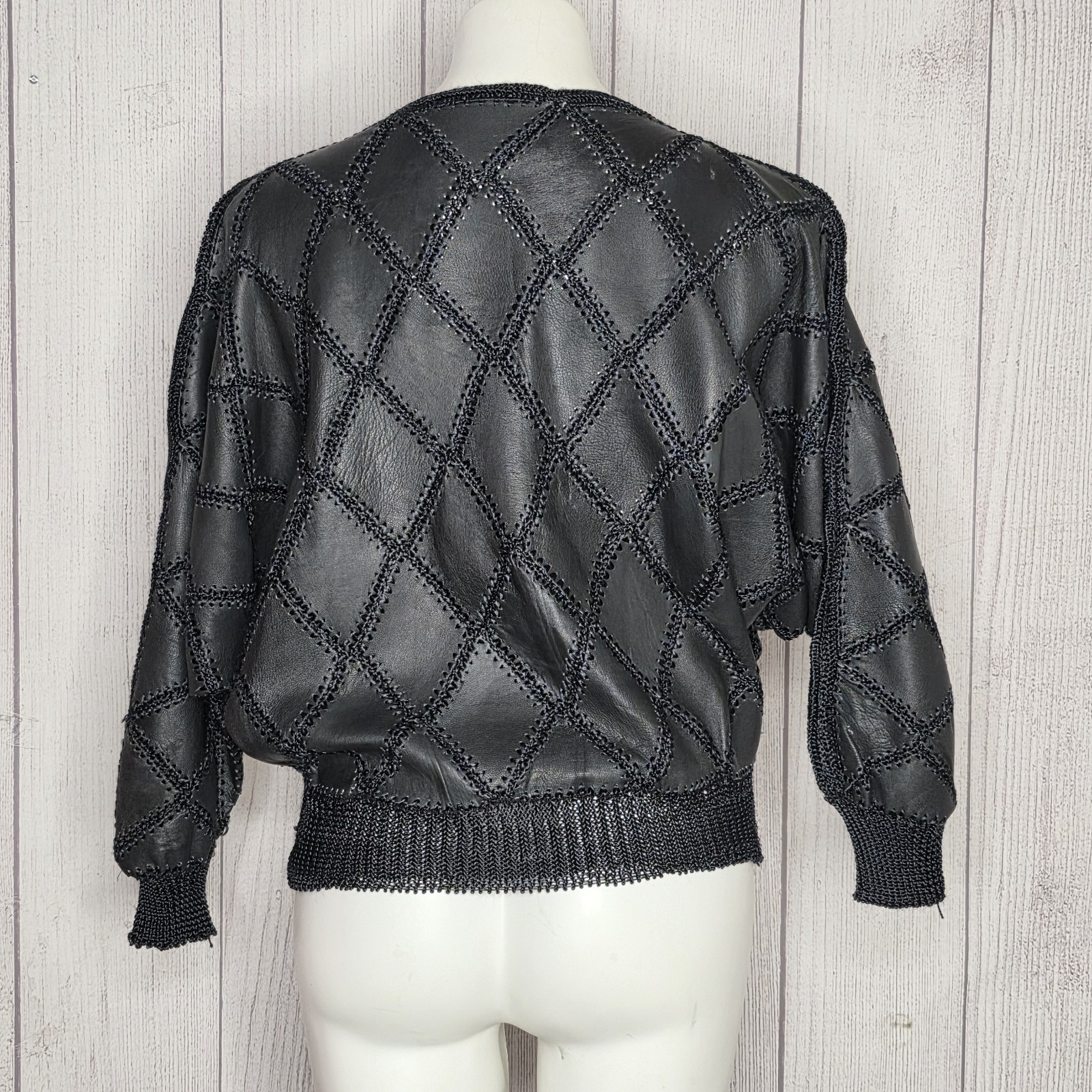Vintage Leather Argyle Patchwork Batwing Top & Mi… - image 7