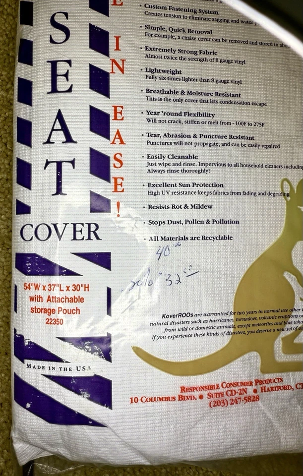 KoverRoos 22350 White Love Seat Cover  54WLx37Lx30H Made In USA Brand New Sealed - Image 2 of 3