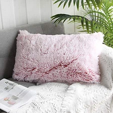  1 Pack Fluffy Plush Pillow Cover 12"x20", Luxury Pink Ombre Super Soft Plush 