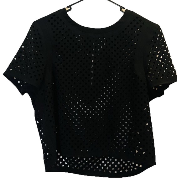French Connection Top Womens 10 Black Round Neck Crop Zip Short Sleeve Laser Cut