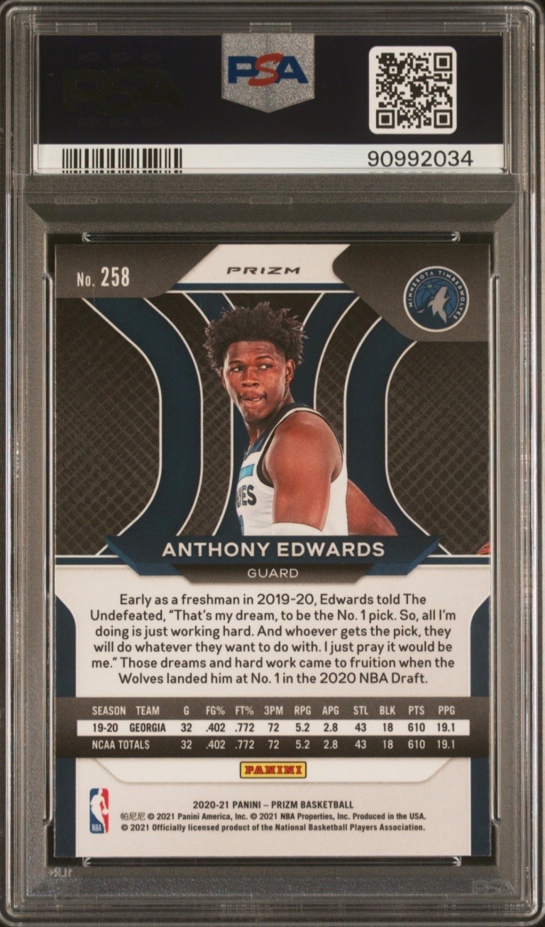 2020 PANINI PRIZM SILVER PRIZM #258 ANTHONY EDWARDS ROOKIE RC PSA 10 *PERFECT* view 2