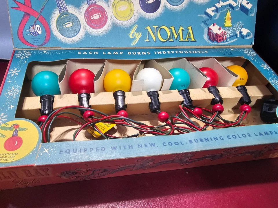 Juego de caja de luces Noma Glo-Ray vintage hilo de luz con 7 bombillas redondas GE cuentas rojas Foto 3 de 4